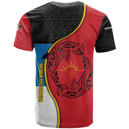 Antigua and Barbuda Tribal T-Shirt with Polynesian Dolphin Sun Design with National Flag Colors Graphic Tee