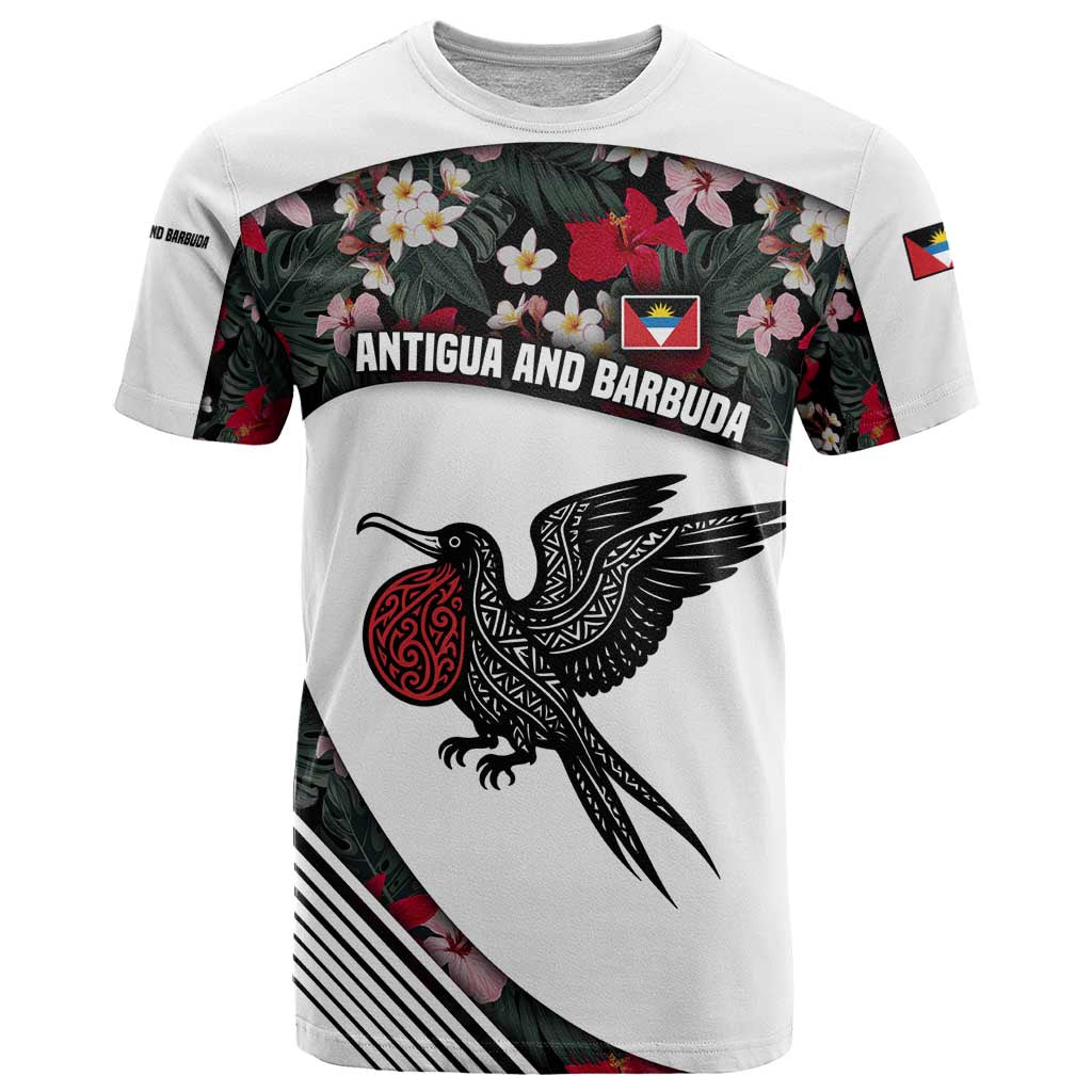 Antigua and Barbuda Hummingbird T-Shirt with Tribal Bird and Tropical Floral Design with Island Flag Graphic Tee