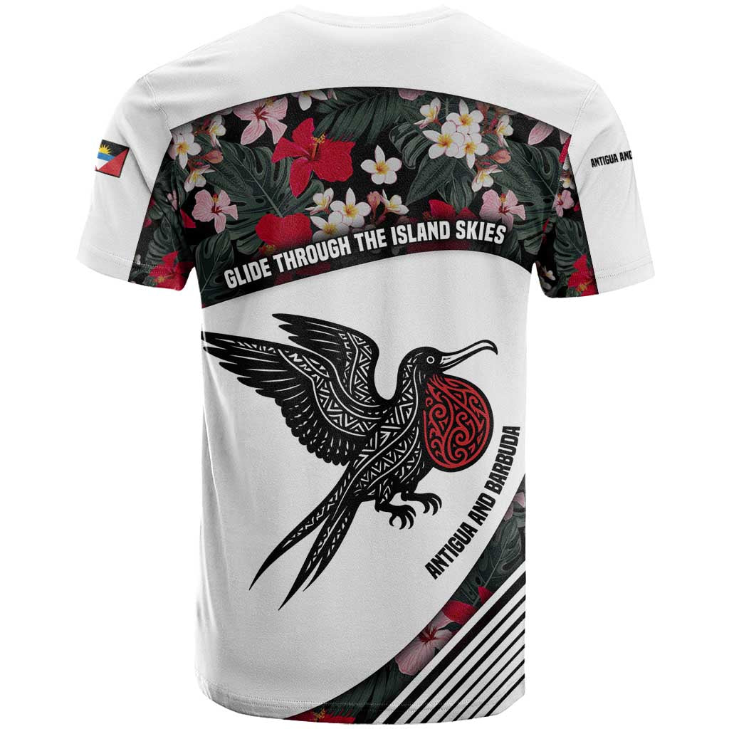 Antigua and Barbuda Hummingbird T-Shirt with Tribal Bird and Tropical Floral Design with Island Flag Graphic Tee