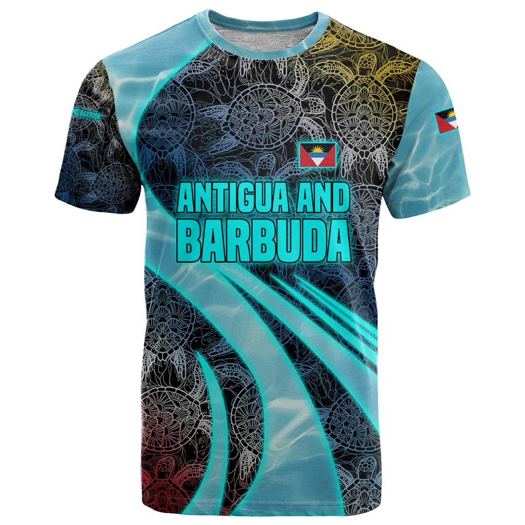 Antigua and Barbuda Sea Turtle T-Shirt with Tribal Mandala Design with Ocean Waves and National Flag Graphic Tee
