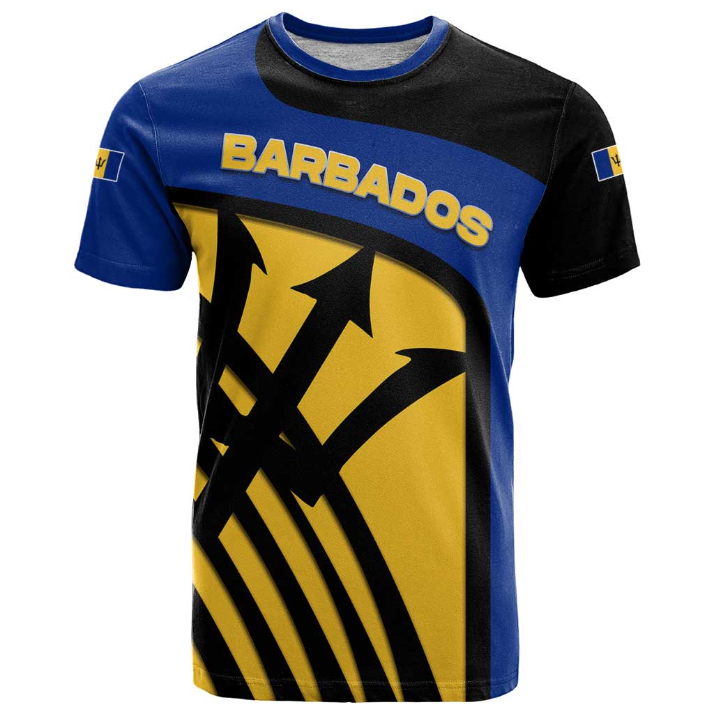 Barbados Flag and Coat of Arms T-Shirt Blue Yellow Black Design with National Symbols Graphic Tee