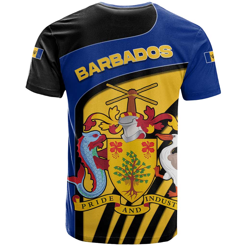 Barbados Flag and Coat of Arms T-Shirt Blue Yellow Black Design with National Symbols Graphic Tee