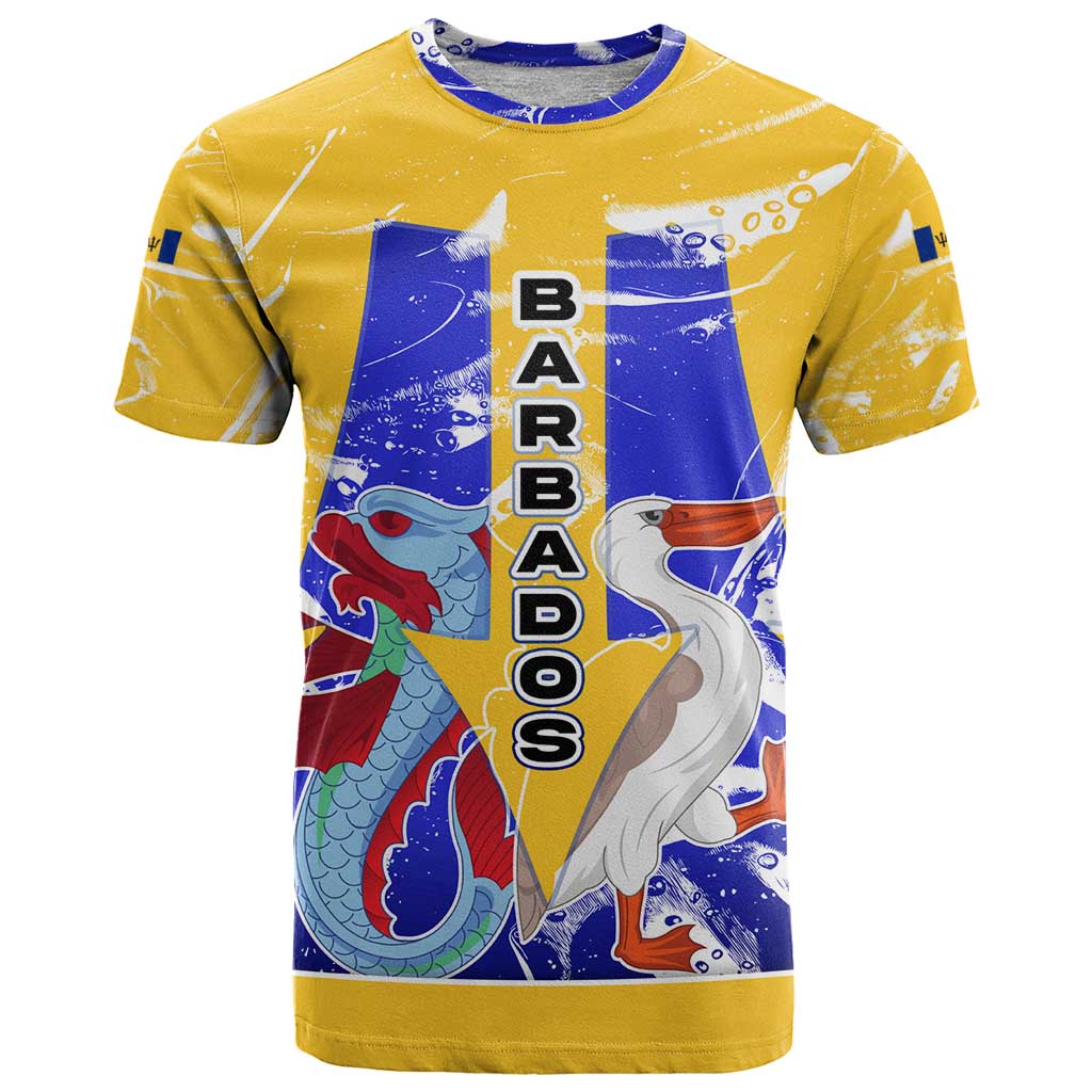 Barbados Coat of Arms T-Shirt with Yellow Blue Pelican Dolphin Graphic Graphic Tee