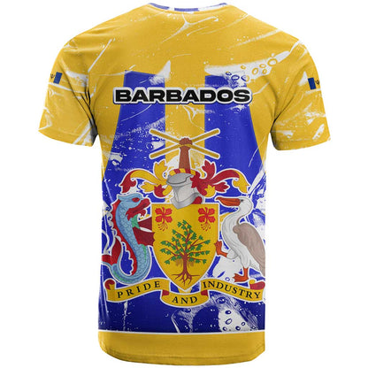 Barbados Coat of Arms T-Shirt with Yellow Blue Pelican Dolphin Graphic Graphic Tee