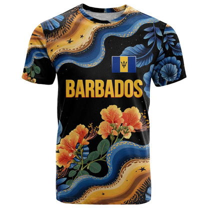 Barbados Floral Wave T-Shirt with Tropical Hibiscus Print Black and Gold Graphic Tee