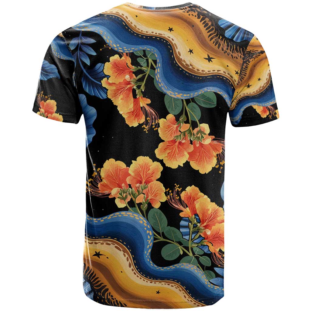 Barbados Floral Wave T-Shirt with Tropical Hibiscus Print Black and Gold Graphic Tee