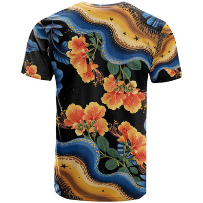 Barbados Floral Wave T-Shirt with Tropical Hibiscus Print Black and Gold Graphic Tee