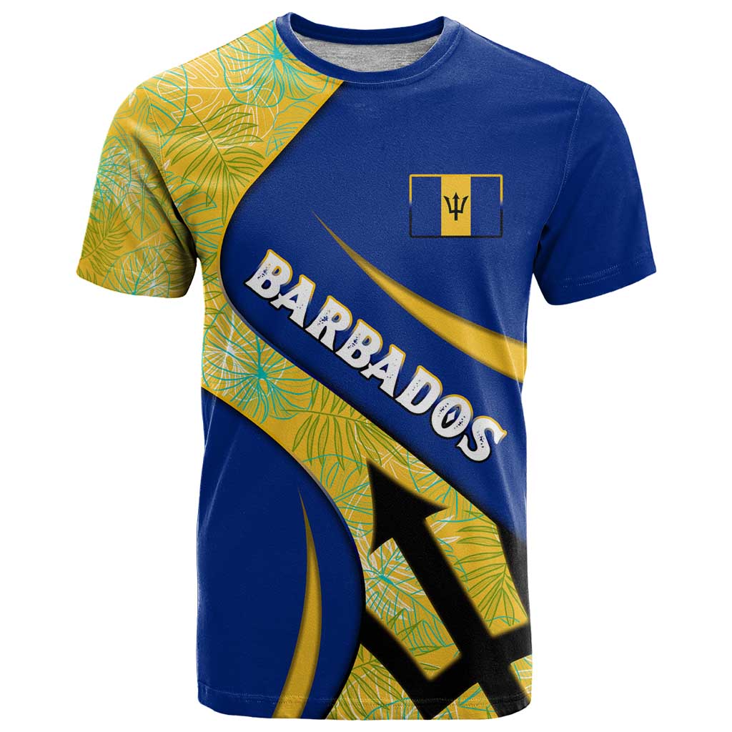 Barbados Flag T-Shirt Blue and Yellow with Trident and Tropical Leaf Pattern Graphic Tee