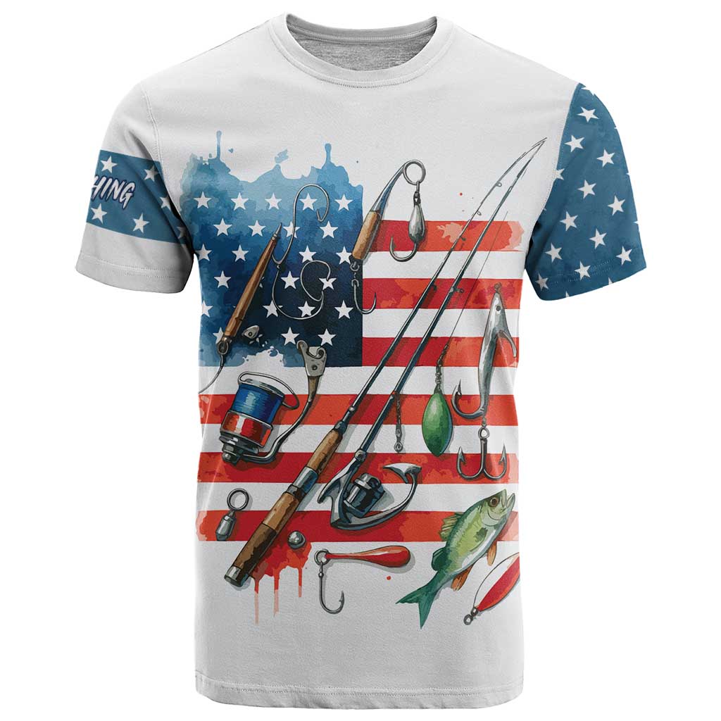 American Flag Fishing T-Shirt with Fishing Rods and Lures Watercolor Style Design Graphic Tee