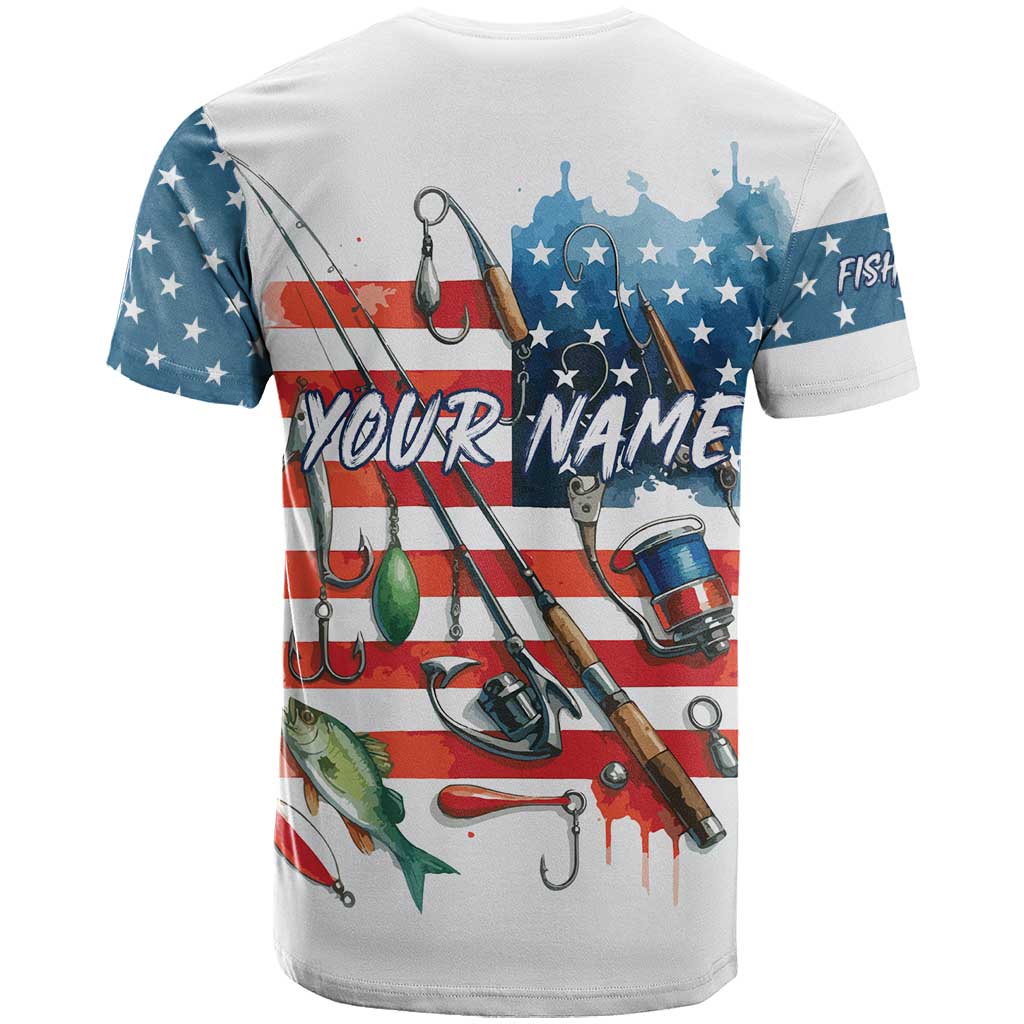 American Flag Fishing T-Shirt with Fishing Rods and Lures Watercolor Style Design Graphic Tee