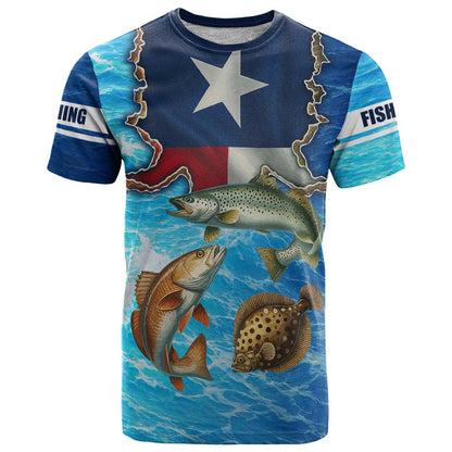 Texas Flag Fishing T-Shirt with Ocean Fish Graphic and Blue Water Background Graphic Tee
