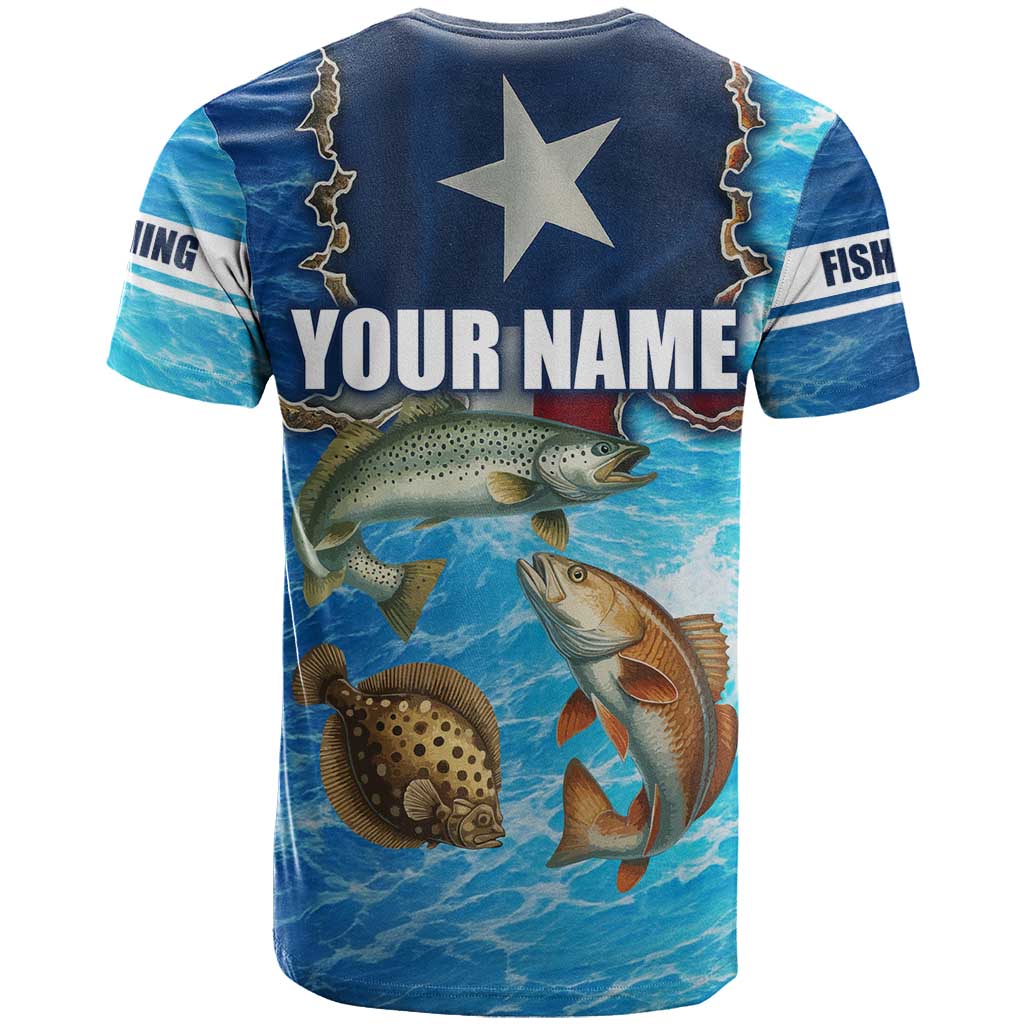Texas Flag Fishing T-Shirt with Ocean Fish Graphic and Blue Water Background Graphic Tee