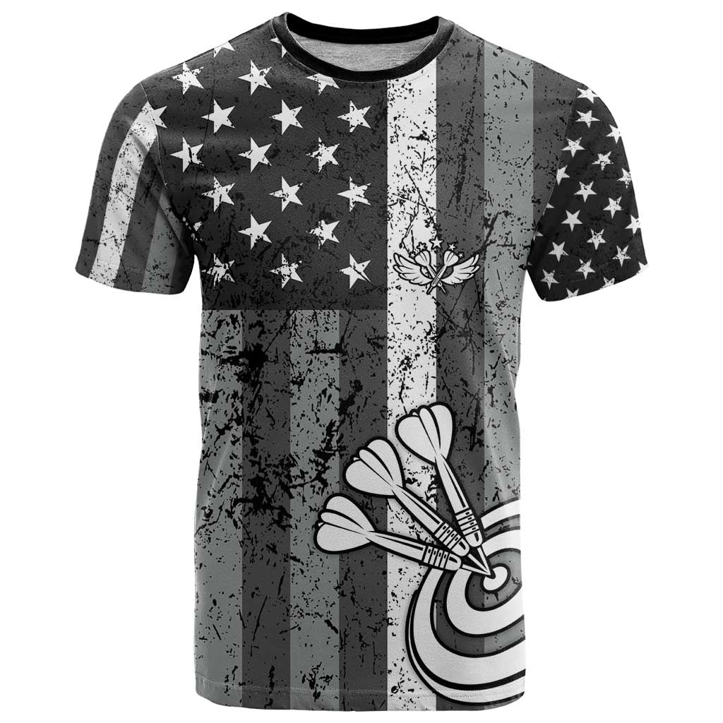 Grunge American Flag Darts T-Shirt with Dartboard Target and Black White Stars Graphic Tee