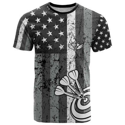 Grunge American Flag Darts T-Shirt with Dartboard Target and Black White Stars Graphic Tee