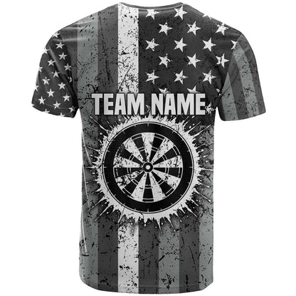 Grunge American Flag Darts T-Shirt with Dartboard Target and Black White Stars Graphic Tee