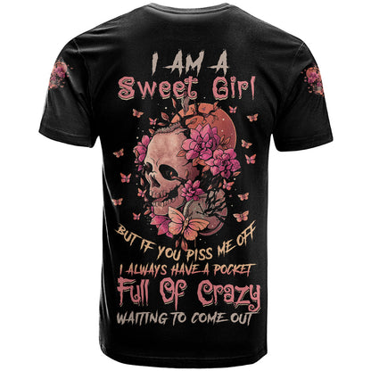 I Am A Sweet Girl Flower Skull T-Shirt Graphic Tee