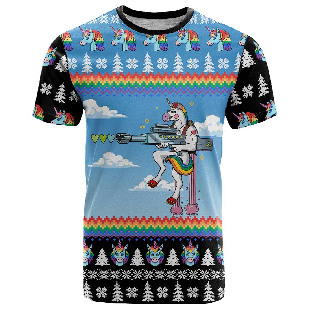 Unicorn Pew Pew Christmas T-Shirt Xmas Holiday Patterns Graphic Tee