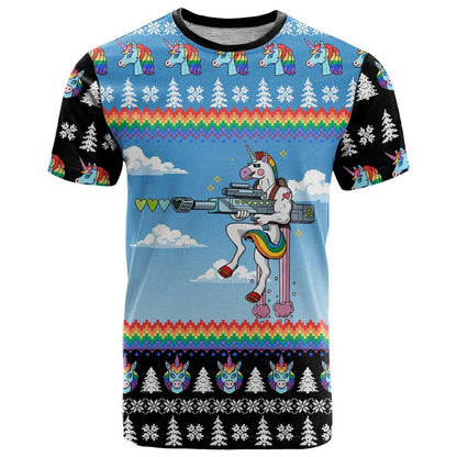 Unicorn Pew Pew Christmas T-Shirt Xmas Holiday Patterns Graphic Tee