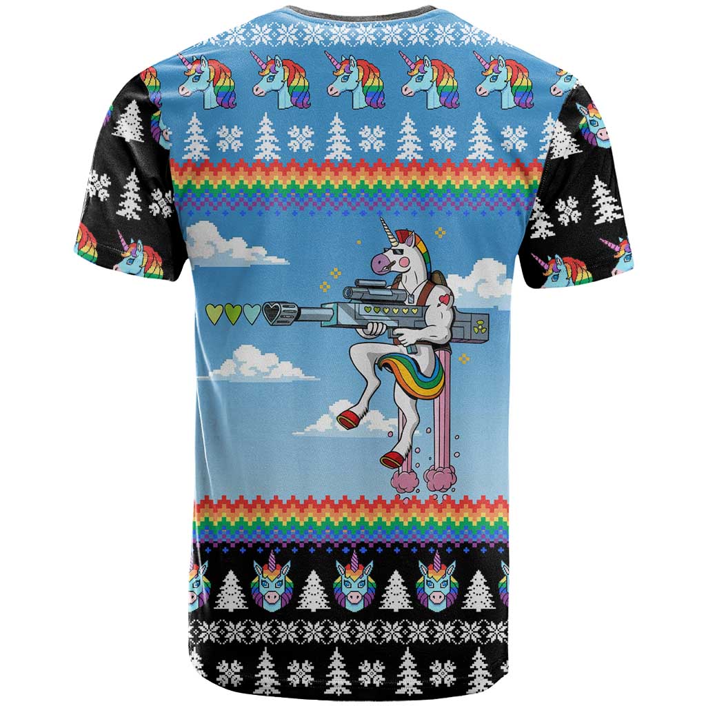 Unicorn Pew Pew Christmas T-Shirt Xmas Holiday Patterns Graphic Tee