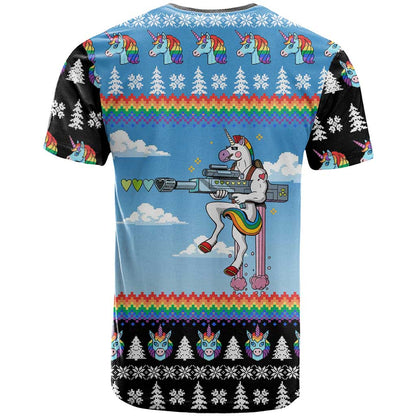 Unicorn Pew Pew Christmas T-Shirt Xmas Holiday Patterns Graphic Tee