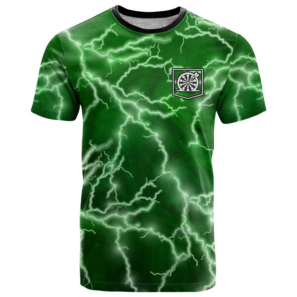 Personalized Darts Lightning Green Storm T-Shirt with Electric Energy Pattern and Dartboard Graphics Graphic Tee