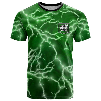 Personalized Darts Lightning Green Storm T-Shirt with Electric Energy Pattern and Dartboard Graphics Graphic Tee