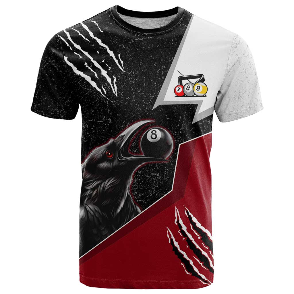 Personalized Raven Billiards T-Shirt with Dark Cemetery Scene and Red Eye Crow Artwork Graphic Tee