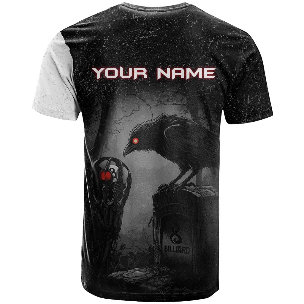Personalized Raven Billiards T-Shirt with Dark Cemetery Scene and Red Eye Crow Artwork Graphic Tee