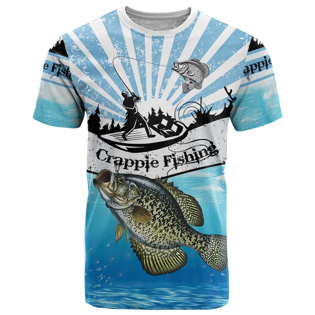 Personalized Crappie Fishing T-Shirt with Lake Water Splash Scene and Sunrise Silhouette Angler Design Graphic Tee
