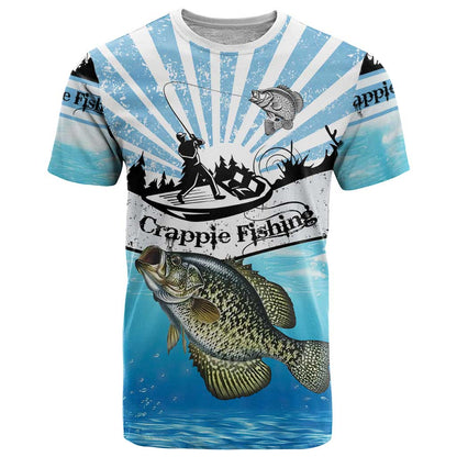 Personalized Crappie Fishing T-Shirt with Lake Water Splash Scene and Sunrise Silhouette Angler Design Graphic Tee