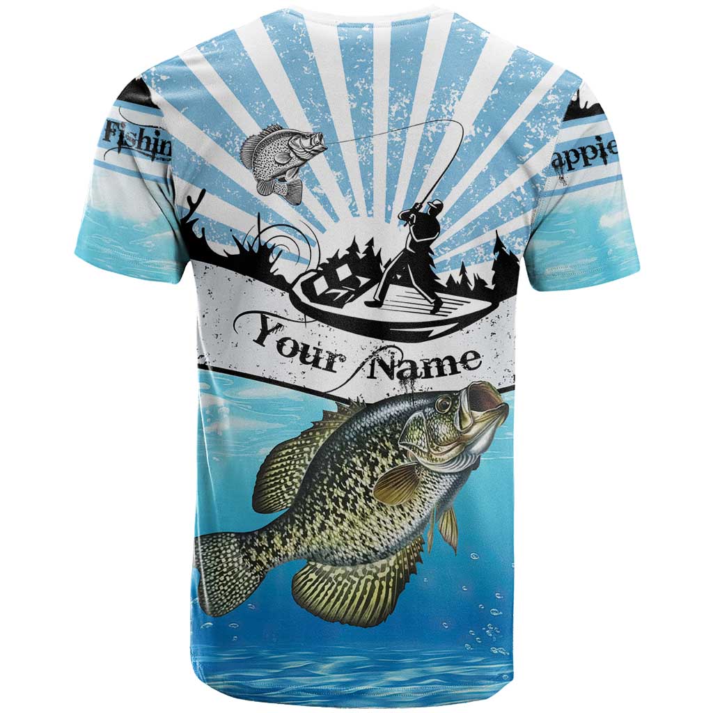 Personalized Crappie Fishing T-Shirt with Lake Water Splash Scene and Sunrise Silhouette Angler Design Graphic Tee