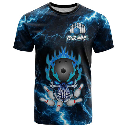 Personalized Bowling Skull T-Shirt with Blue Flame Energy and Electric Lightning Strike Pattern Graphic Tee