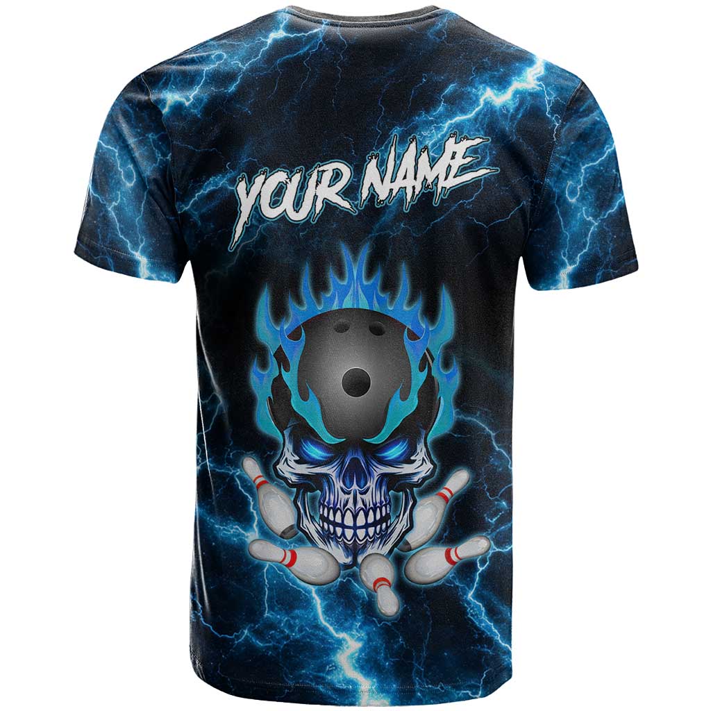 Personalized Bowling Skull T-Shirt with Blue Flame Energy and Electric Lightning Strike Pattern Graphic Tee