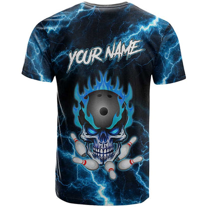 Personalized Bowling Skull T-Shirt with Blue Flame Energy and Electric Lightning Strike Pattern Graphic Tee