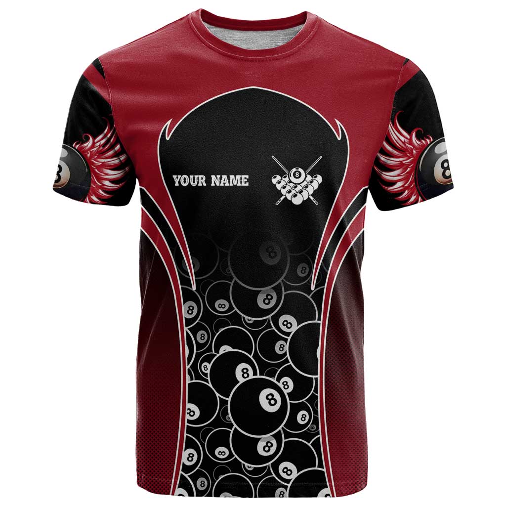 Personalized Billiards Eight Ball T-Shirt with Red Wing Emblem and Black Gradient Bubble Pattern Graphic Tee