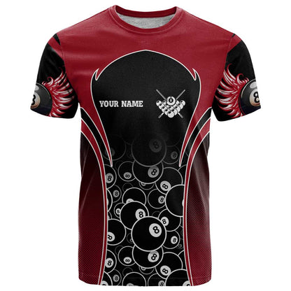 Personalized Billiards Eight Ball T-Shirt with Red Wing Emblem and Black Gradient Bubble Pattern Graphic Tee