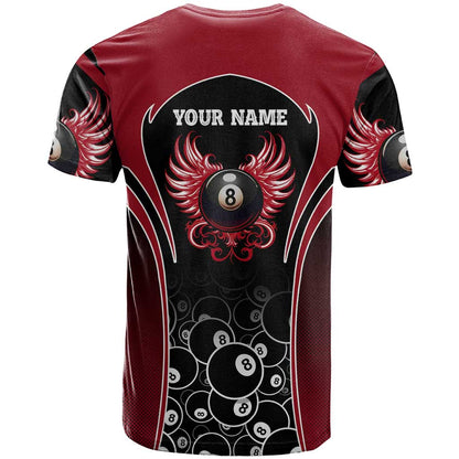 Personalized Billiards Eight Ball T-Shirt with Red Wing Emblem and Black Gradient Bubble Pattern Graphic Tee