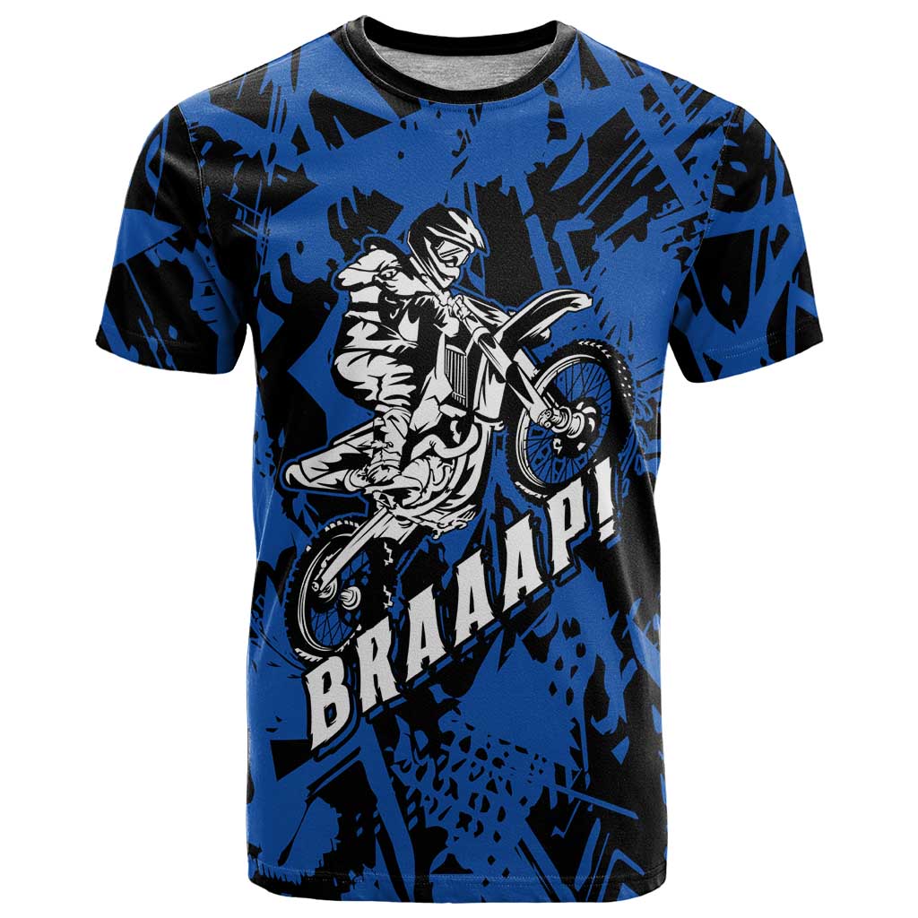Personalized Motocross Rider T-Shirt with Blue Graffiti Splash Pattern Graphic Tee