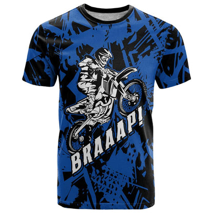 Personalized Motocross Rider T-Shirt with Blue Graffiti Splash Pattern Graphic Tee