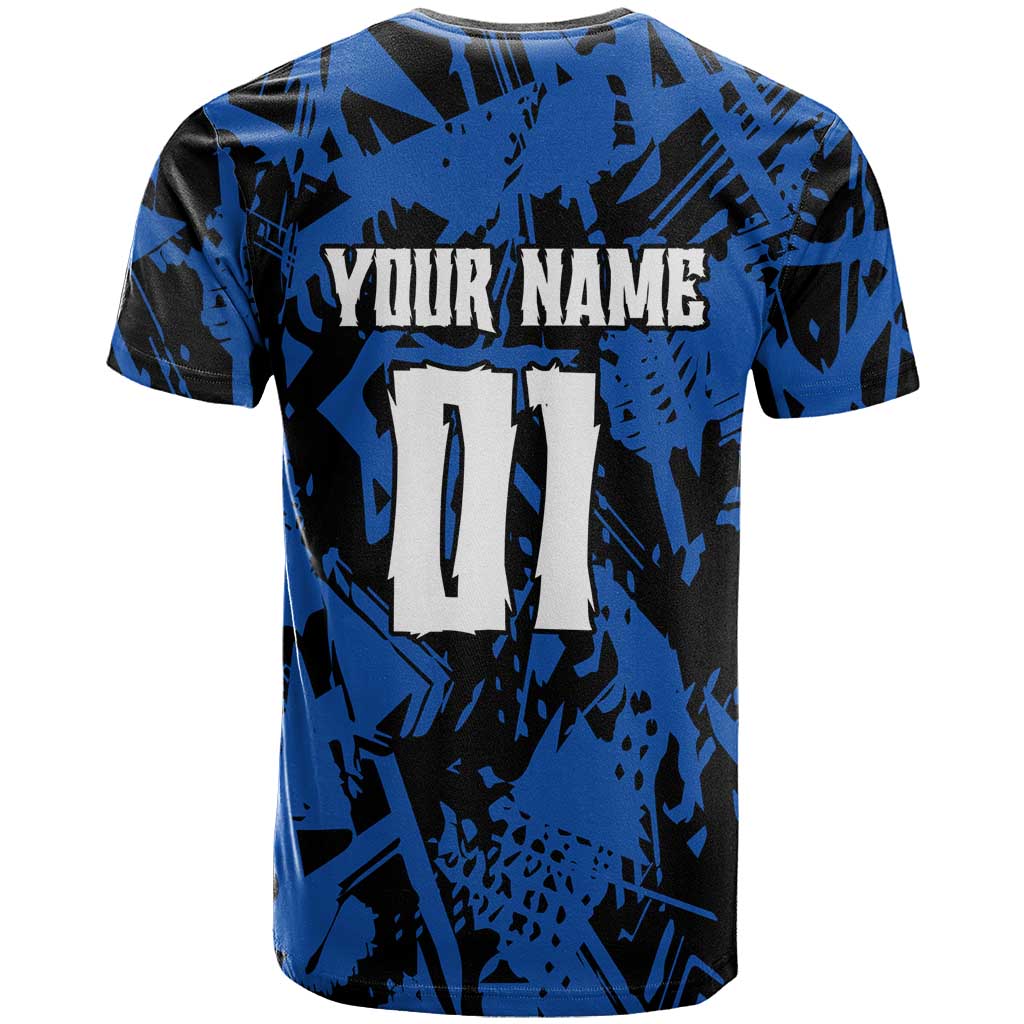 Personalized Motocross Rider T-Shirt with Blue Graffiti Splash Pattern Graphic Tee