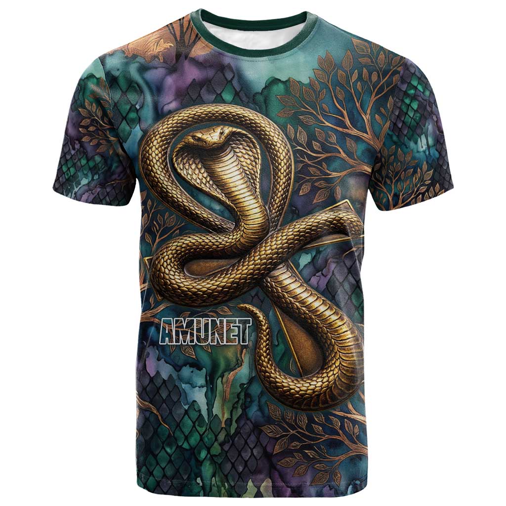 Amunet Ancient Temple Egyptian T-Shirt with Golden Serpent Mythology in Teal Tones Graphic Tee