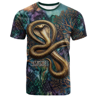 Amunet Ancient Temple Egyptian T-Shirt with Golden Serpent Mythology in Teal Tones Graphic Tee