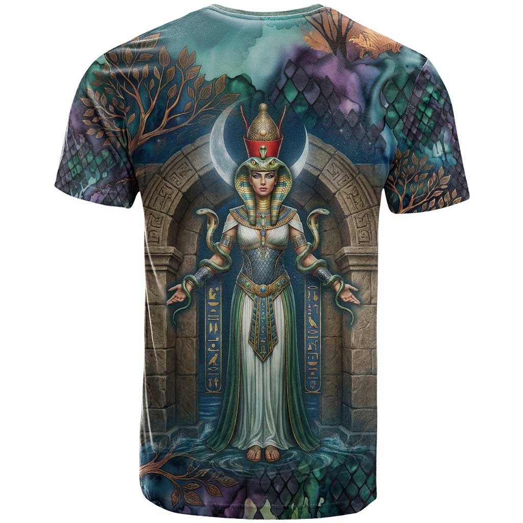 Amunet Ancient Temple Egyptian T-Shirt with Golden Serpent Mythology in Teal Tones Graphic Tee