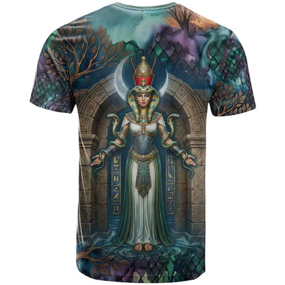 Amunet Ancient Temple Egyptian T-Shirt with Golden Serpent Mythology in Teal Tones Graphic Tee