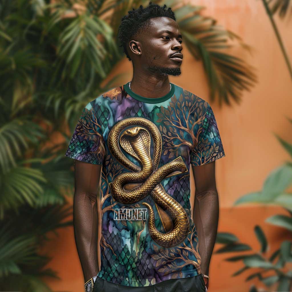 Amunet Ancient Temple Egyptian T-Shirt with Golden Serpent Mythology in Teal Tones Graphic Tee