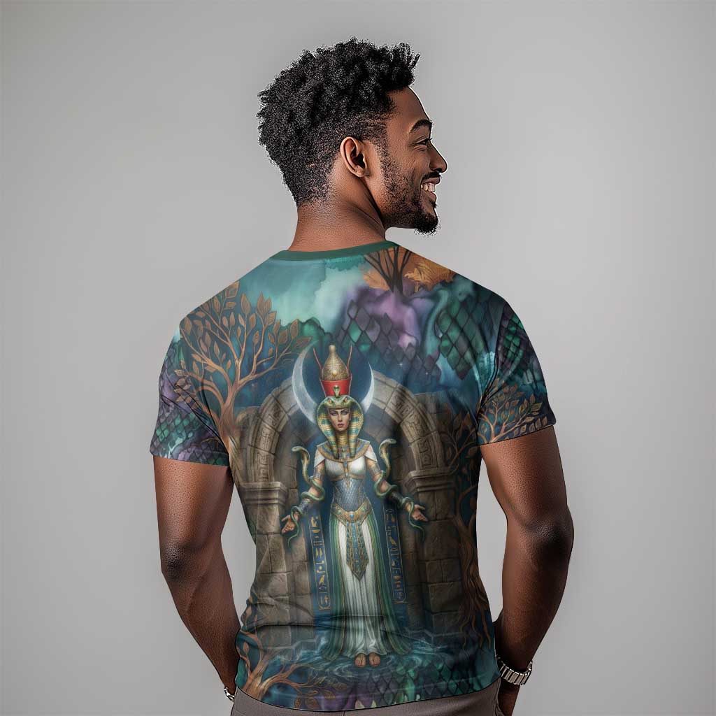 Amunet Ancient Temple Egyptian T-Shirt with Golden Serpent Mythology in Teal Tones Graphic Tee