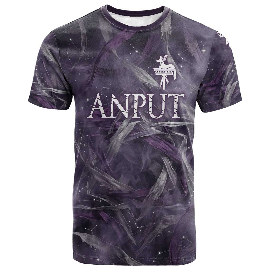 Anput Sacred Urn T-Shirt with Papyrus Flowers Egyptian Guardian in Violet Mist Graphic Tee