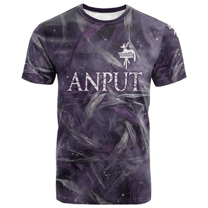Anput Sacred Urn T-Shirt with Papyrus Flowers Egyptian Guardian in Violet Mist Graphic Tee