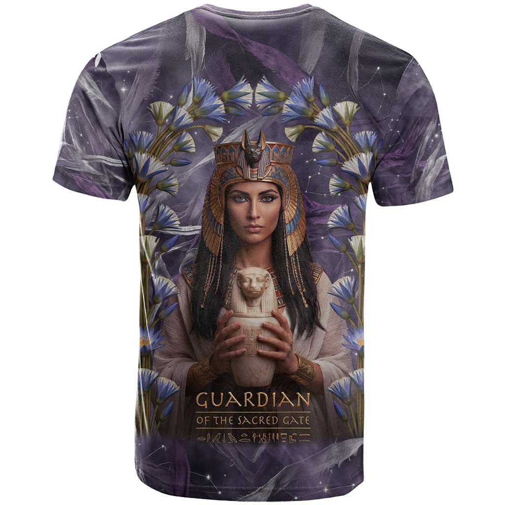 Anput Sacred Urn T-Shirt with Papyrus Flowers Egyptian Guardian in Violet Mist Graphic Tee