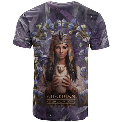 Anput Sacred Urn T-Shirt with Papyrus Flowers Egyptian Guardian in Violet Mist Graphic Tee